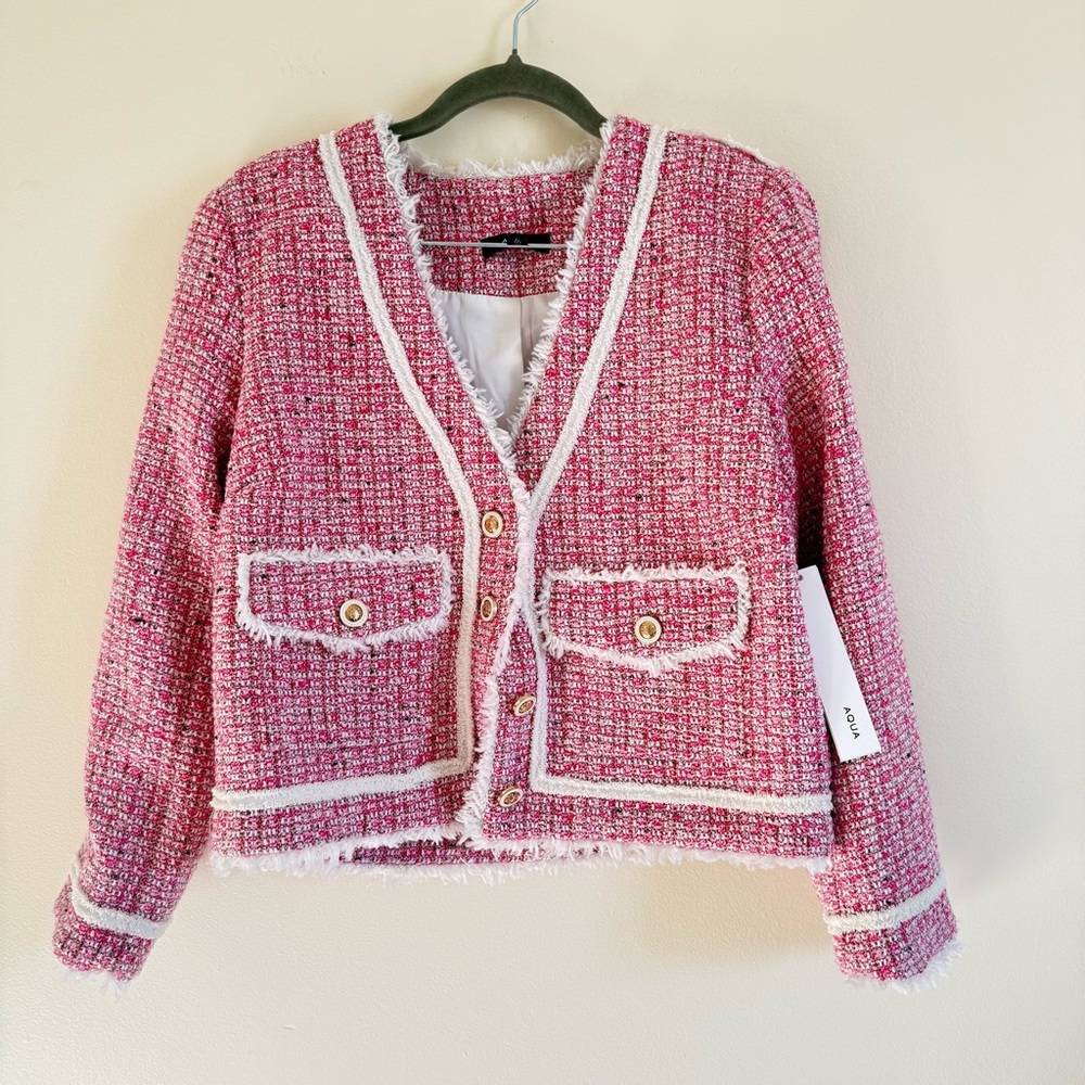 AQUA Women Tweed Blazer Jacket Pink Small Button Fringe Trim Metallic Business - Picture 16 of 16